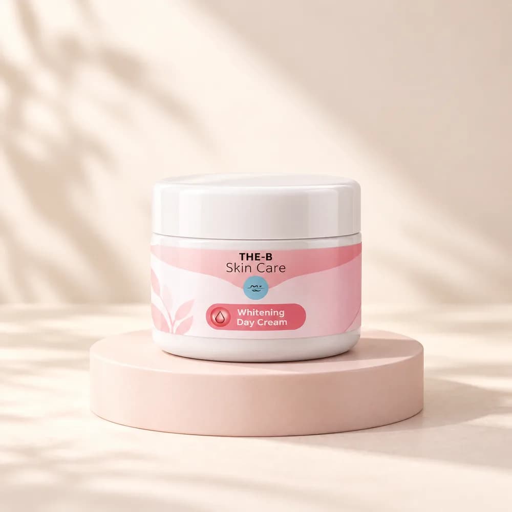 Ilustrasi kemasan Whitening Day Cream THE-B, dibuat dari referensi pemilik